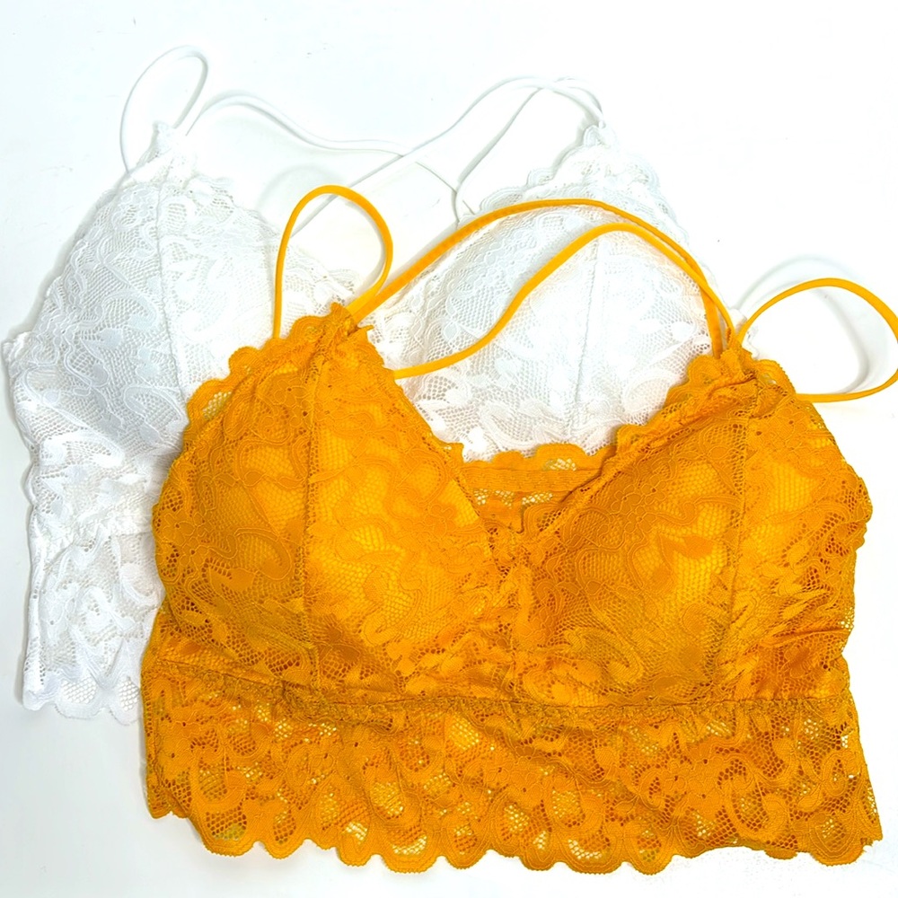 Pair Bralettes | White & Yellow Gold Padded Cross Strap Bra | Lace Undershirts
